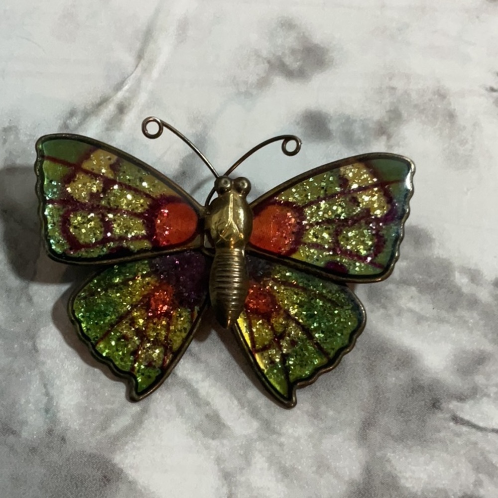 Vintage Enameled Multicolored Glitter Butterfly Brooch